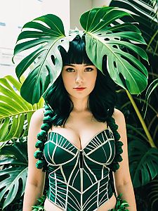 Monstera Plant Costume Cosplay Portrait Waist Up in Bright Daylight