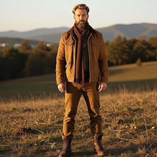 Bearded Man in Brown Outfit Standing in Field During Golden Hour
