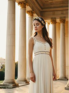 Elegant Woman in White Grecian Dress by Classical Columns