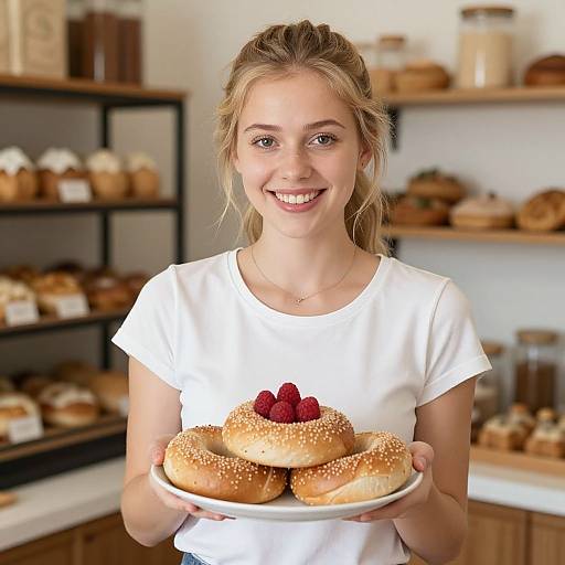Smiling Woman Holding Fresh Bagels with Raspberries in Bakery
