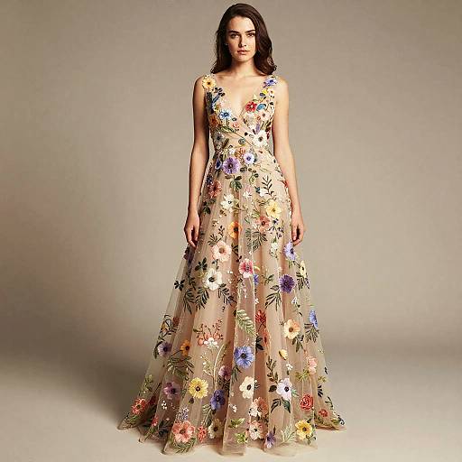 Elegant Floral Embroidered Evening Gown with Deep V-Neck