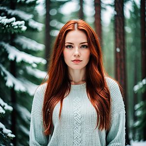 Young Woman in Snowy Forest with Red Hair