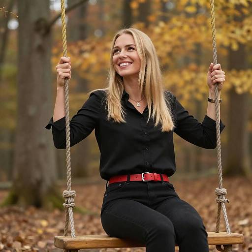 Smiling Woman on Wooden Swing in Autumn Forest
