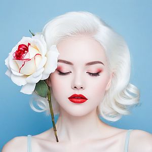 Elegant Woman with Platinum Blonde Hair and Rose