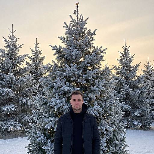 Man Standing by Snow-Covered Evergreen Trees in Winter Sunset