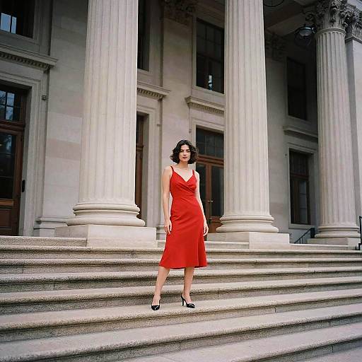 Elegant Woman in Red Dress on Neoclassical Building Steps