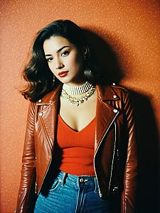 Woman in Casual Chic Tan Leather Biker Jacket with Zippered Front and Notched Lapels