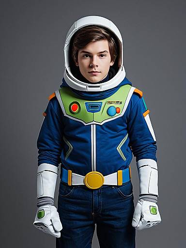 Boy in Buzz Lightyear Costume Wearing Space Suit and Helmet