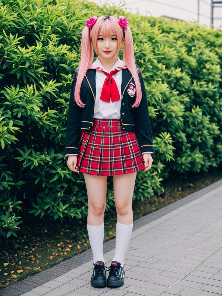 Momosuzu Nene Casual Japanese Schoolgirl Outfit with Pink Twin-tail Hair