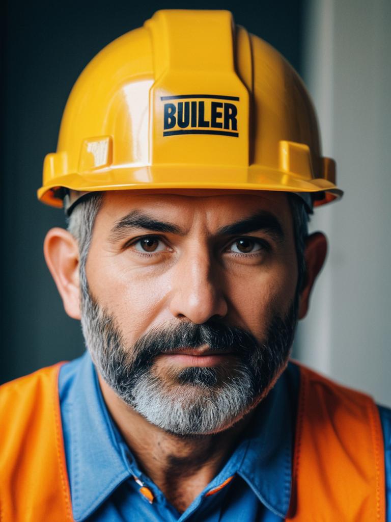 Man in Bob Builder Costume Close-Up Detailed Headshot with Hard Hat
