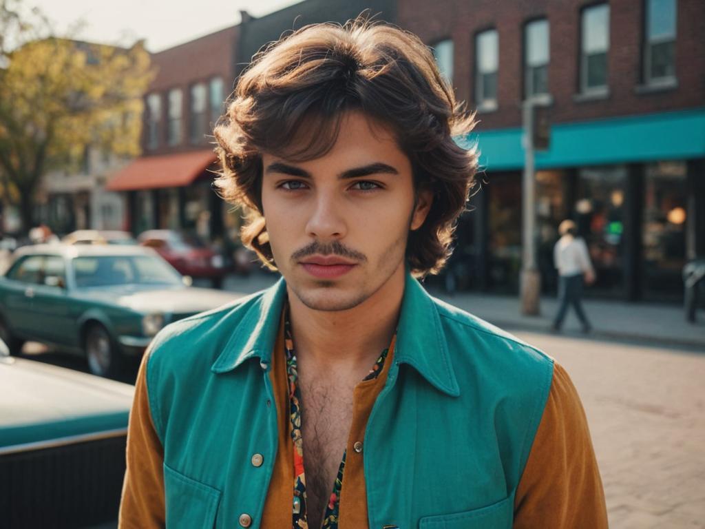 Confident Man with 70s Hairstyle in Urban Setting