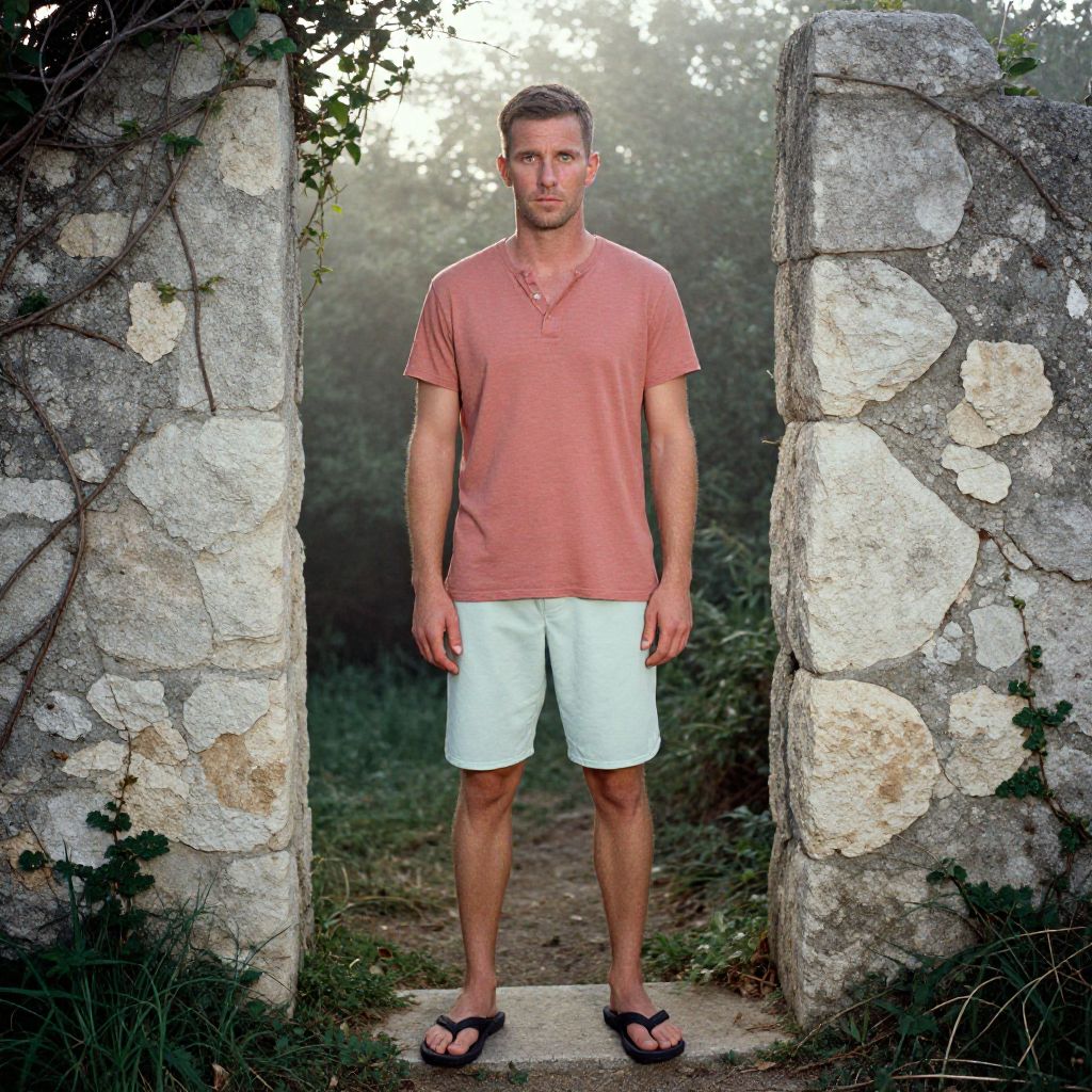 Casual Man Standing Between Stone Pillars in Nature