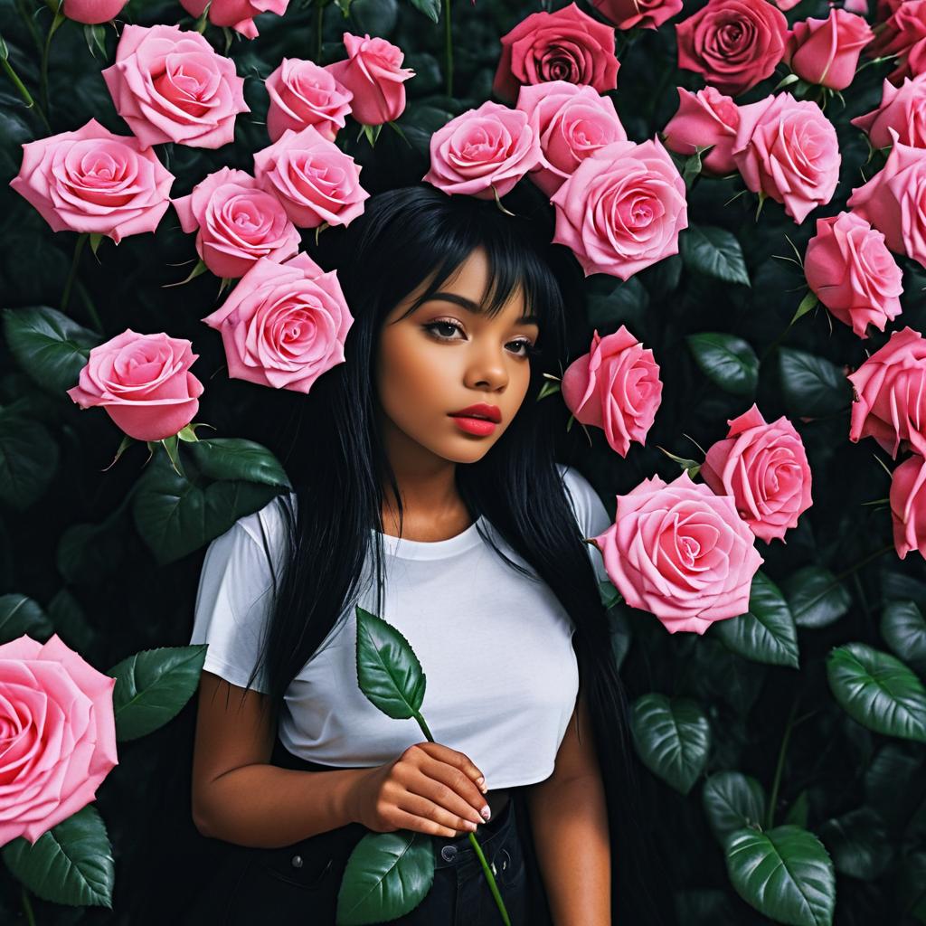 Young Woman with Pink Roses