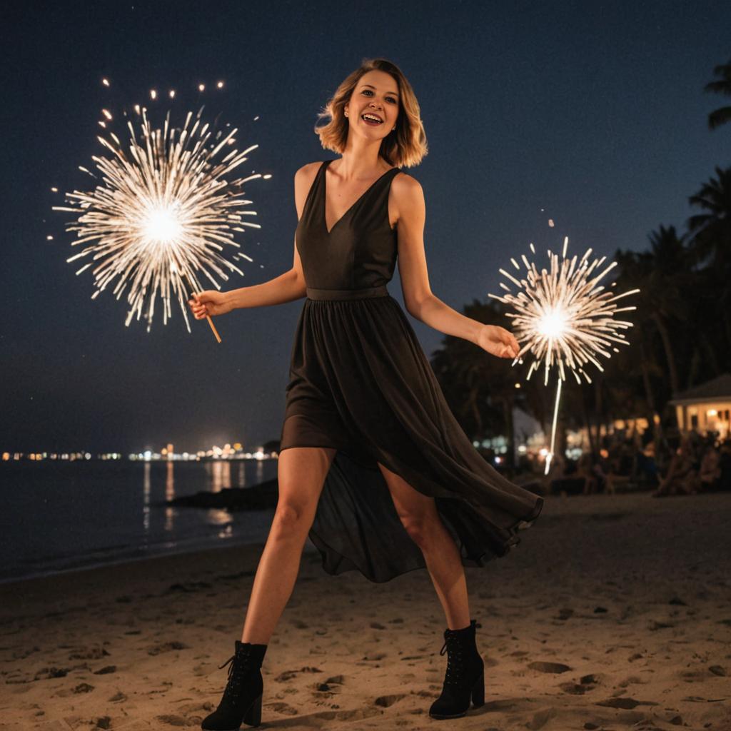 Joyous Woman with Sparklers on Beach at Night