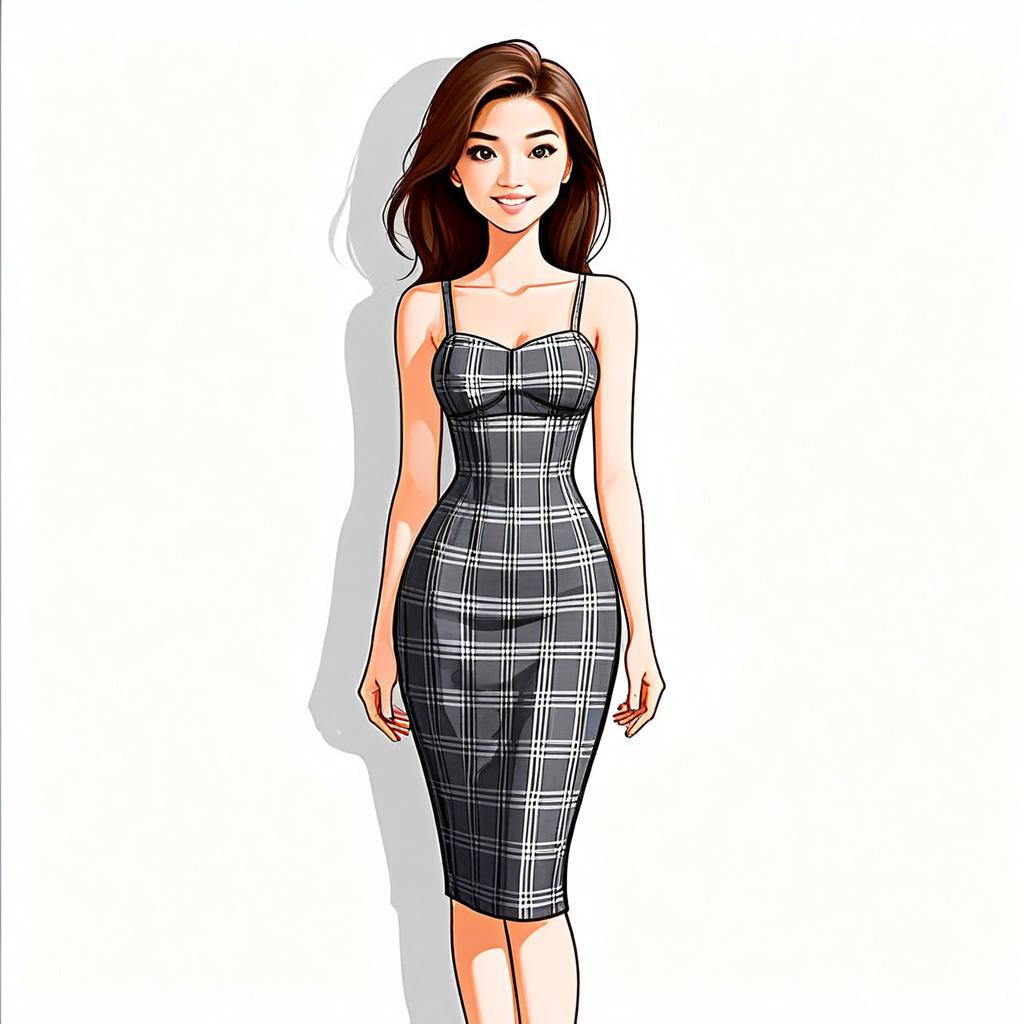 Stylish Woman in Black and White Plaid Dress Digital Illustration