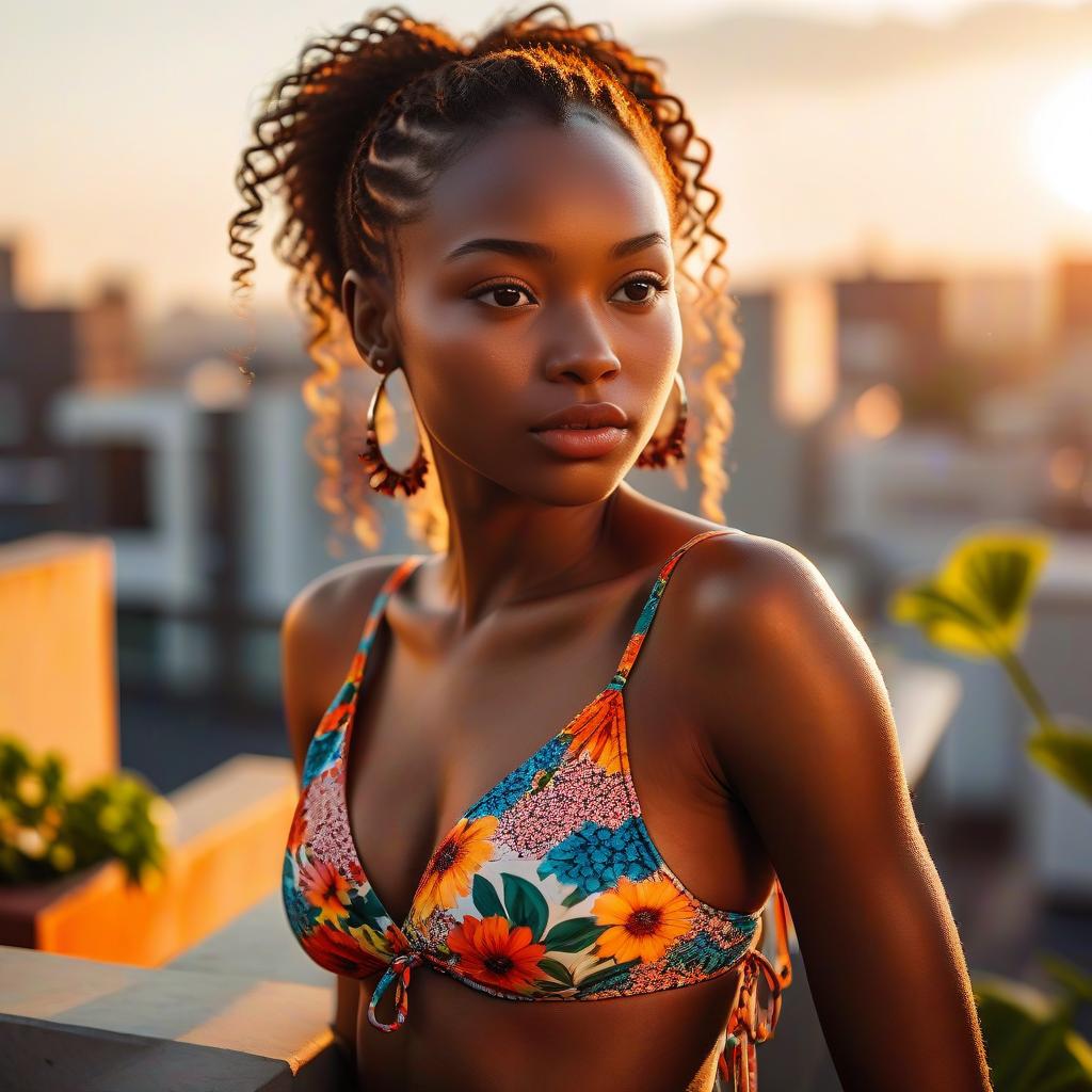 Young Woman in Floral Bikini at Golden Hour Young Woman in Floral Bikini at Golden Hour