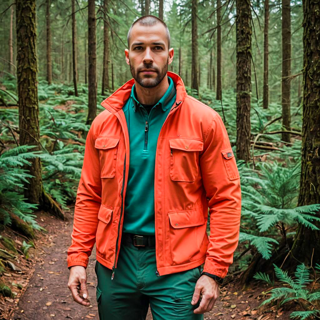 Man in Orange Jacket Hiking on Forest Trail