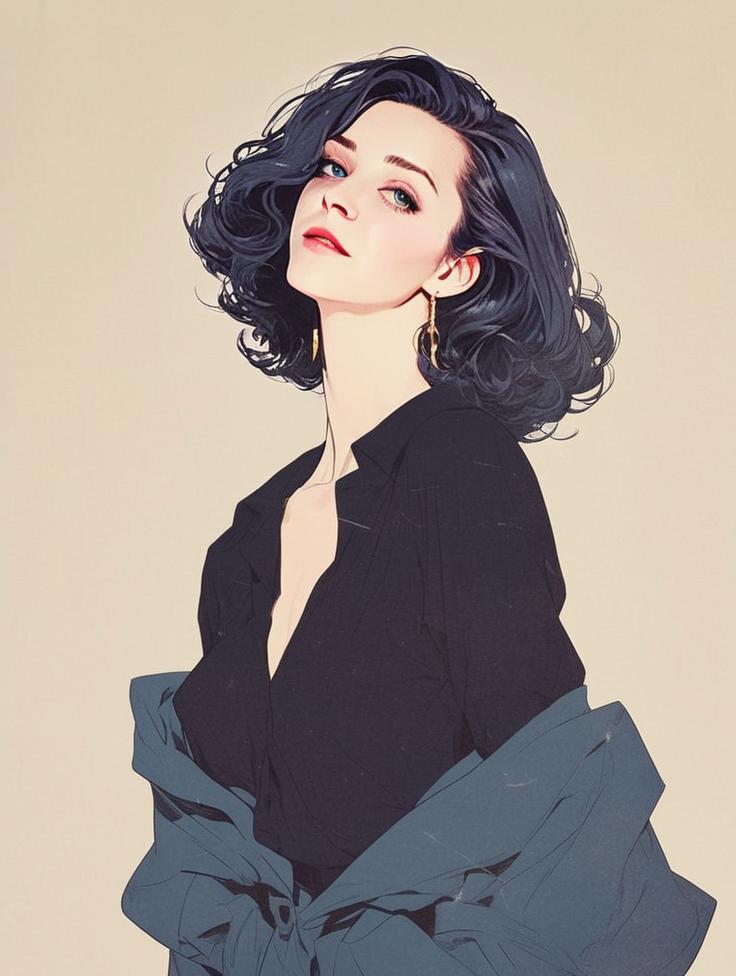 Stylish woman with dark hair and blue eyes in modern illustration Stylish woman with dark hair and blue eyes in modern illustration