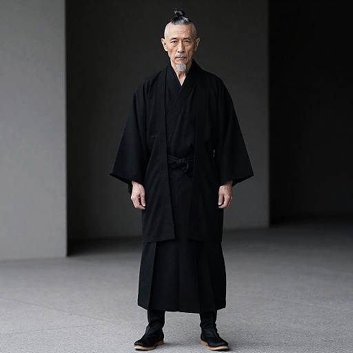 Elderly Man in Traditional Black Kimono and Hakama with Topknot Hairstyle