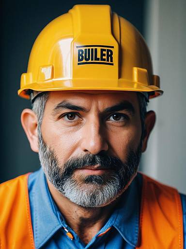 Man in Bob Builder Costume Close-Up Detailed Headshot with Hard Hat