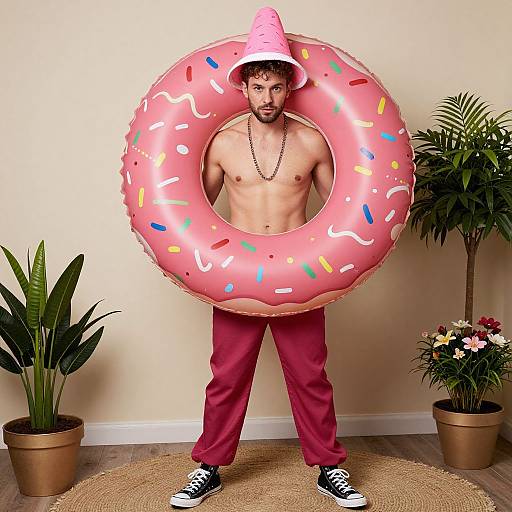Man with Pink Donut Inflatable and Cone Hat Indoor Fun