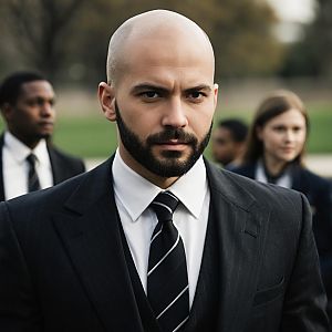 Confident Bald Man in Black Suit