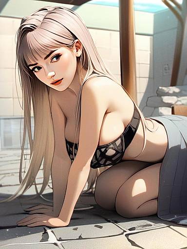 Anime Style Digital Art of Blonde Woman Kneeling in Elegant Pose