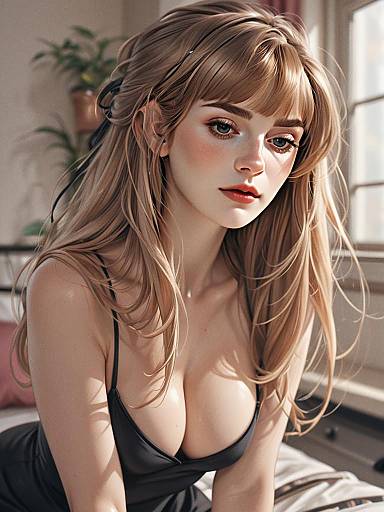 Realistic Anime Style Portrait of Blonde Woman in Black Top