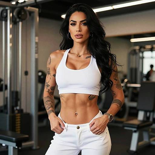 Toned Woman in White Sportswear at Gym with Tattoos