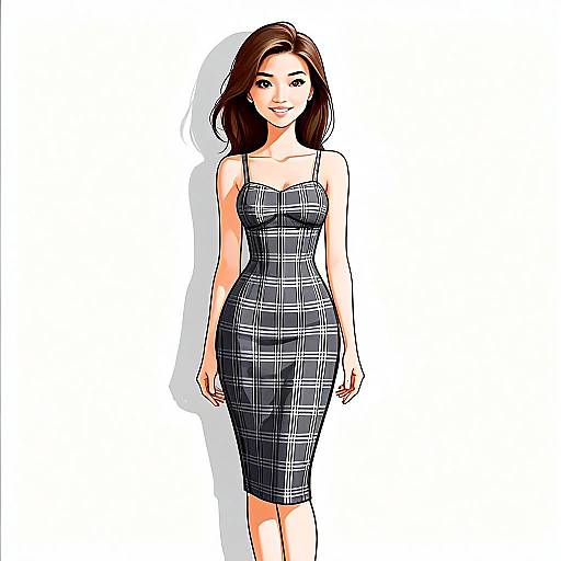 Stylish Woman in Black and White Plaid Dress Digital Illustration