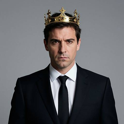 Young Man in Black Suit Wearing Gold Crown with Serious Expression
