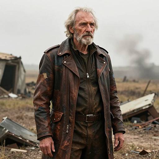 Rugged older man in leather jacket in post-apocalyptic setting