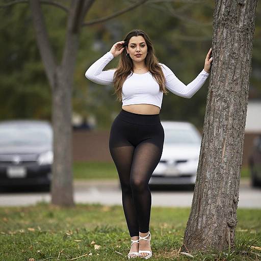 Confident Woman in White Crop Top and Black Leggings Outdoors Pose