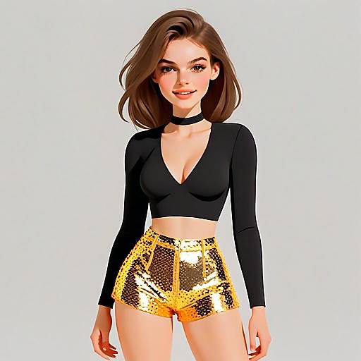 Woman with Pretty Face and Hair in Glam Rock Gold Sequin Shorts