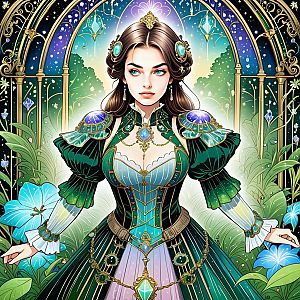 Fantasy Woman in Ornate Gown with Gothic Background
