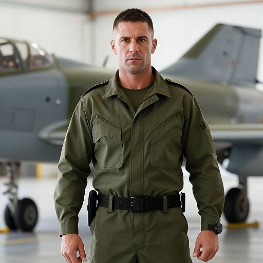 Military Pilot in Olive Green Flight Suit Standing in Hangar with Fighter Jet