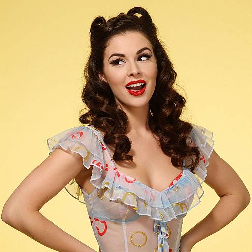 Vintage Pin-Up Style Woman with Red Lipstick and Ruffled Sheer Top
