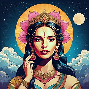 Woman in Traditional Attire with Lotus Headpiece Under a Celestial Sky