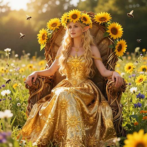 Sun Goddess in Golden Dress with Sunflower Crown Sitting on Ornate Throne in Flower Field