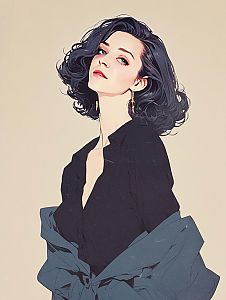Stylish woman with dark hair and blue eyes in modern illustration