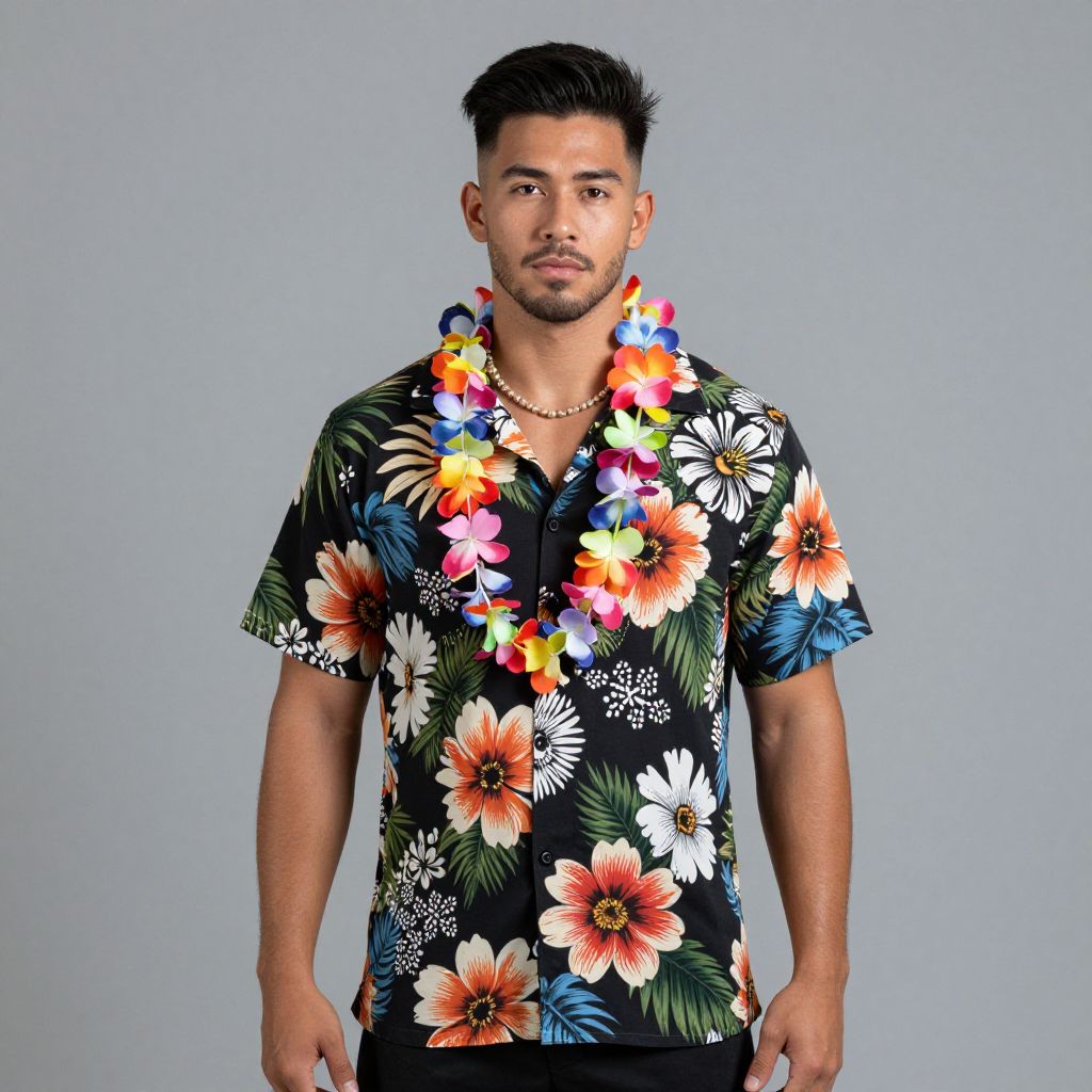 Young Man Wearing Vibrant Floral Hawaiian Shirt with Colorful Lei