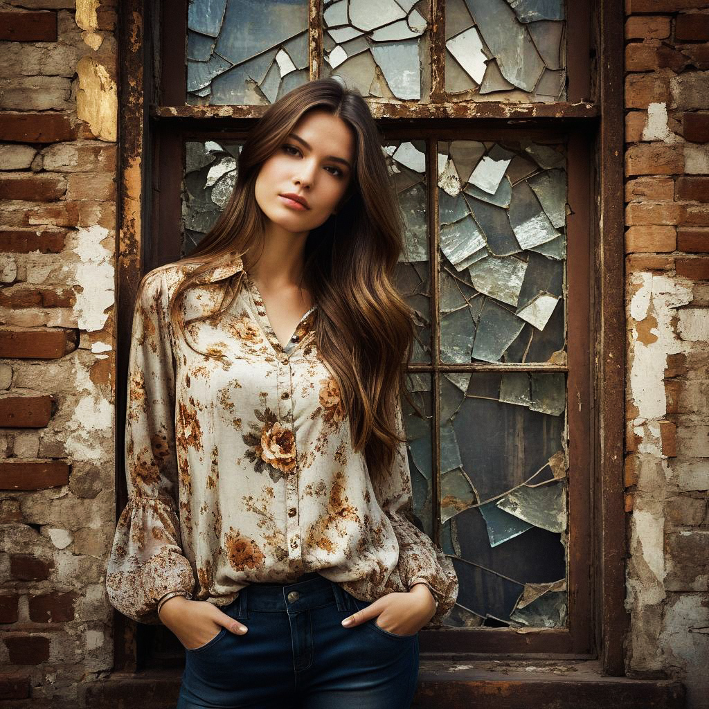 Woman in Floral Blouse Against Rustic Brick Wall