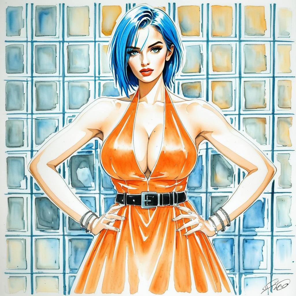 Confident Woman with Blue Hair in Orange Dress