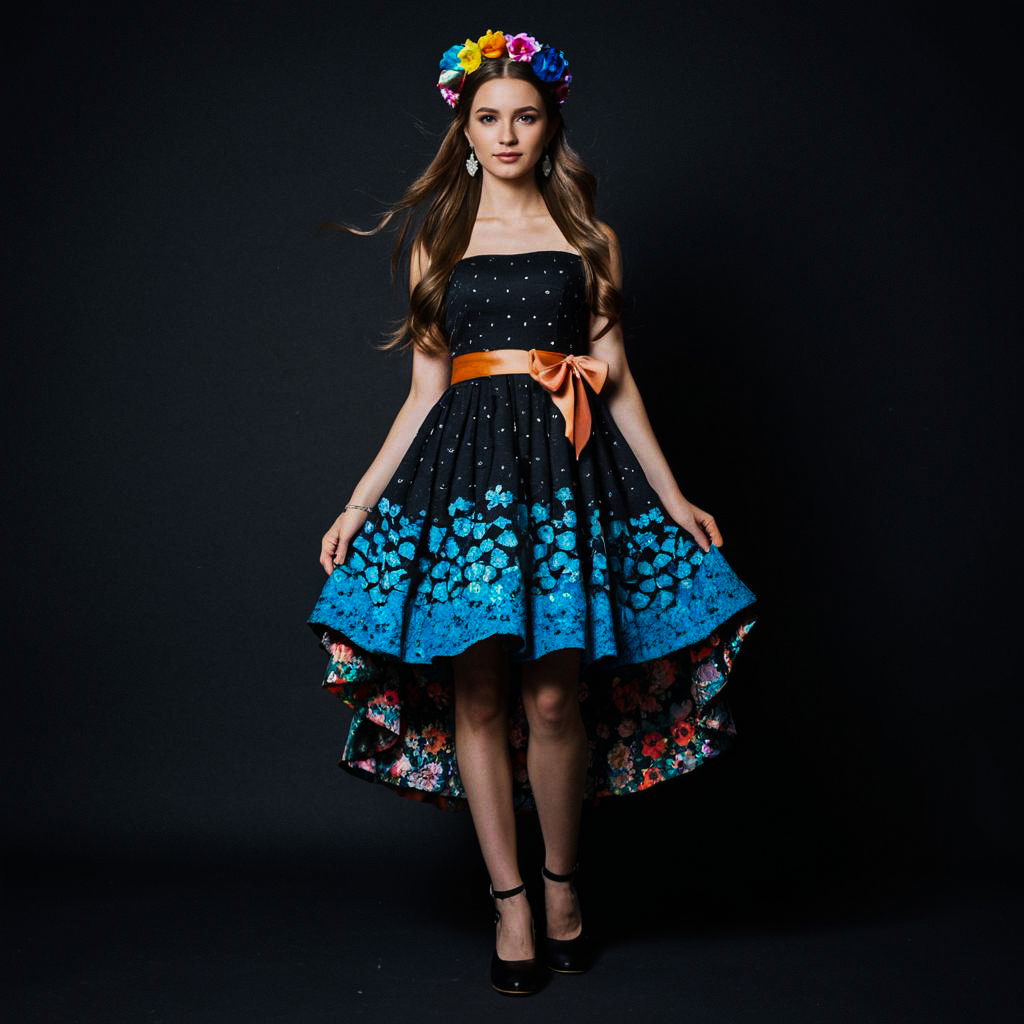 Confident Woman in Floral Dress with Flower Crown