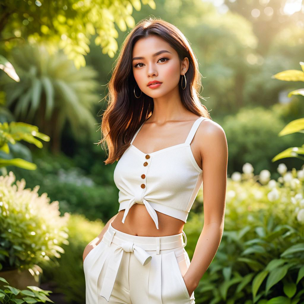 Young Woman in Stylish Outfit in Garden Young Woman in Stylish Outfit in Garden