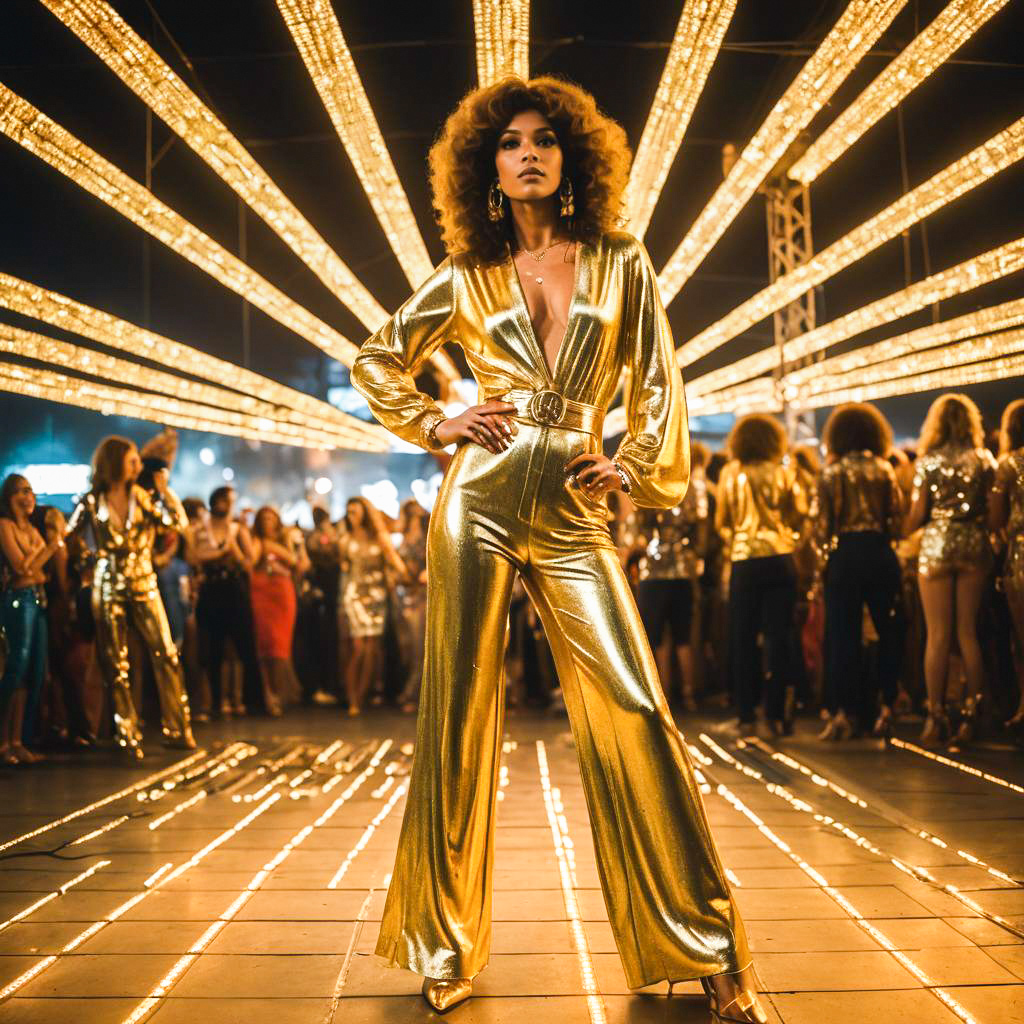 Stunning Woman in Gold Jumpsuit at Disco Party