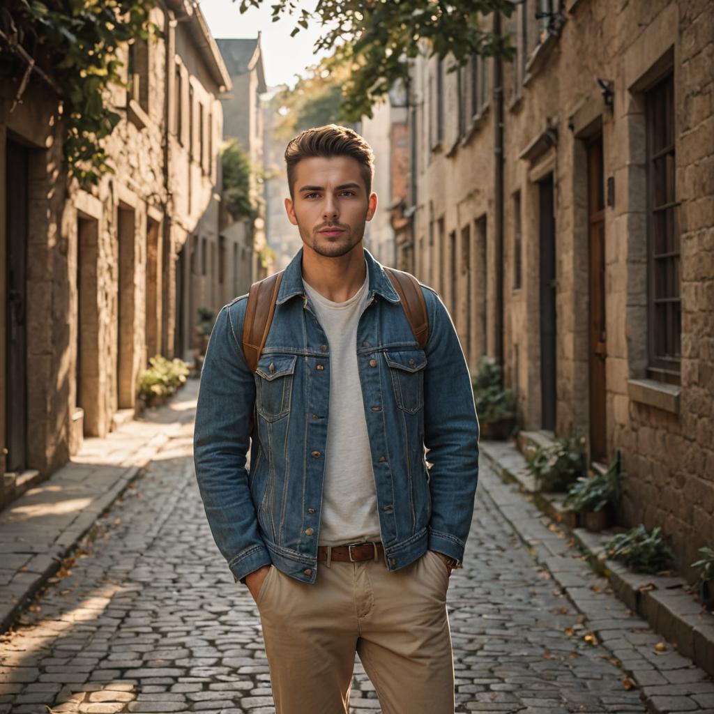 Confident Man in Cinematic Cobblestone Alley