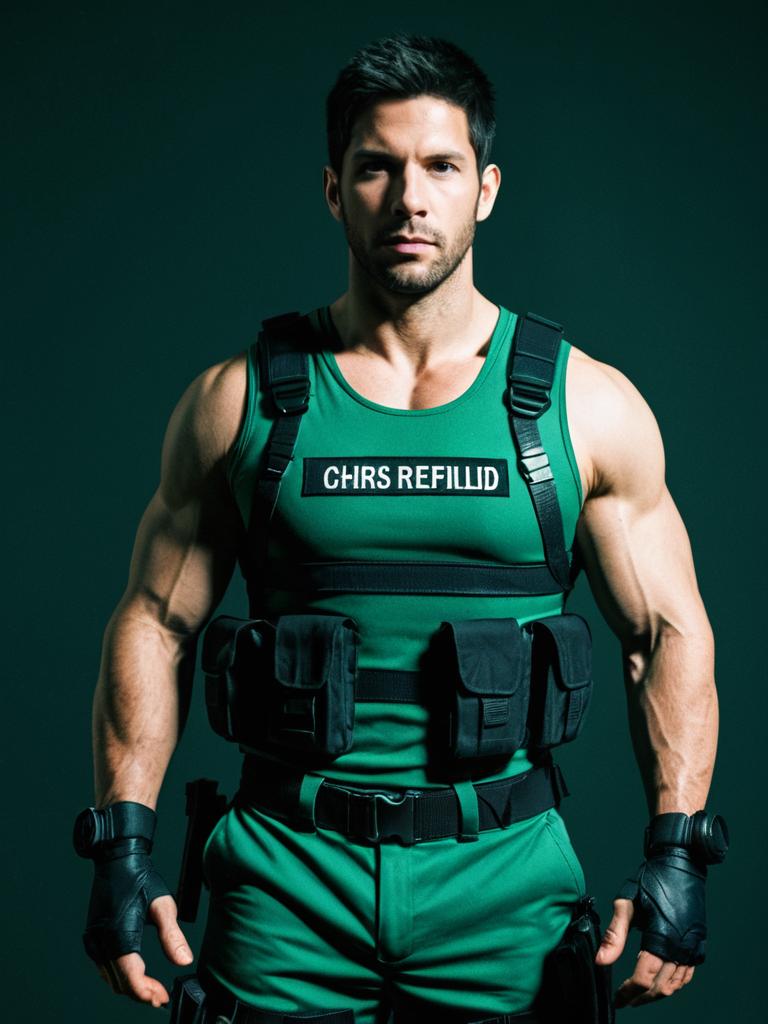 Man in Realistic Chris Redfield Cosplay Costume