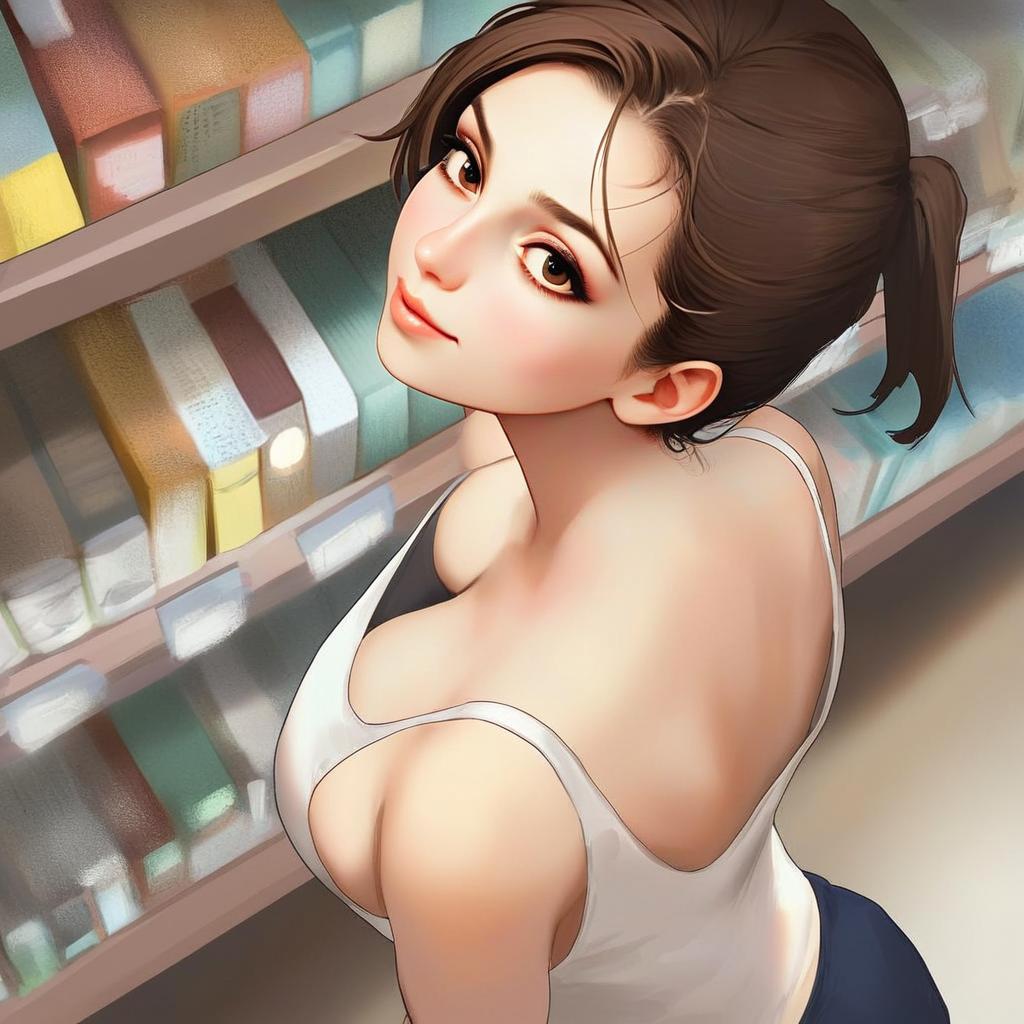 Anime Style Illustration of Woman Looking Up Near Bookshelf