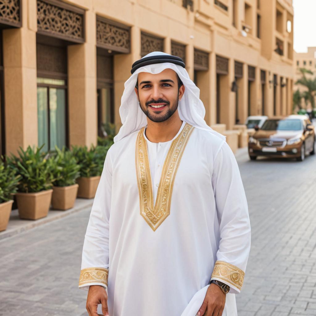 Smiling Arab Man in Traditional Emirati Attire on Dubai Street